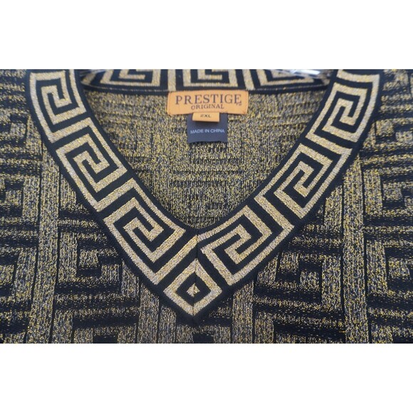 Prestige Black Gold Metallic Greek Key Geometric V-Neck Cardigan Sweater Sz 2XL - Picture 8 of 12